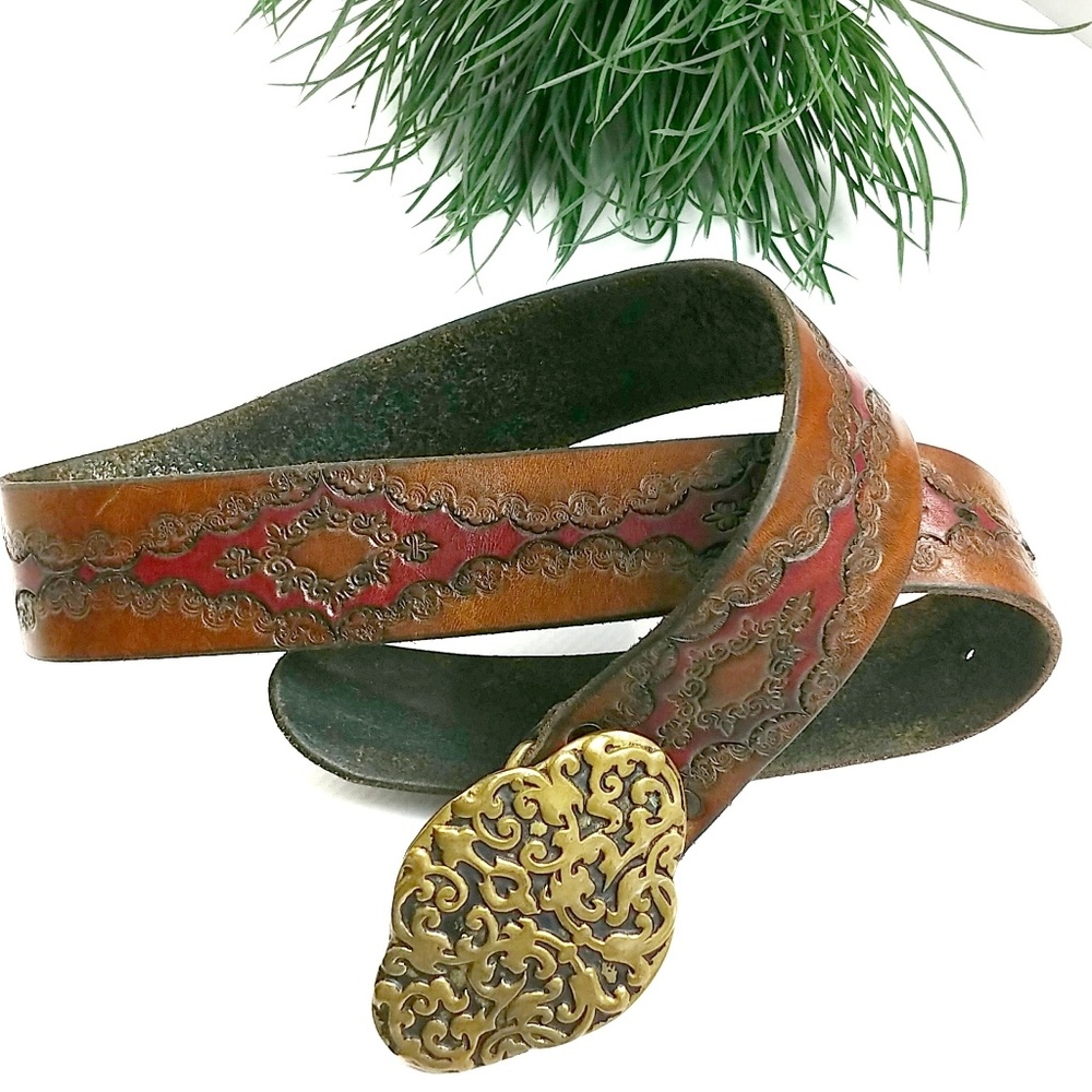 Exquisite Vintage Tooled Leather Belt Brass Buckle